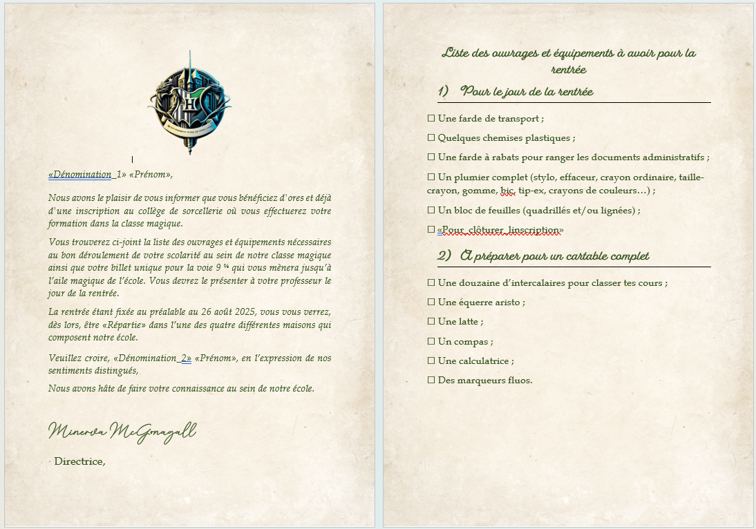 Lettre d'admission à la classe magique